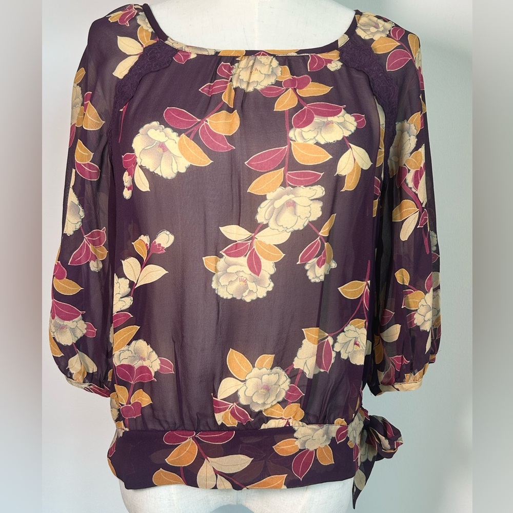 ANTHROPOLOGIE MOULINETTE SOEURS dusk peony Floral Sheer Silk Blouse